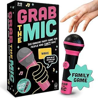 Official Grab the Mic – Family Karaoke Game, 8+ Year Olds, 2-10 Players - Board Game for Bad Singers with 250 Lyrics (125 Cards) for Hilarious Nights & Birthday Party, Kids Gift