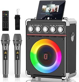 Karaoke Machine with 2 Microphones for Adults Kids, Bluetooth Karaoke Speaker with Bass/Treble Adjustment, PA System with Remote Control/LED Lights, Support REC/USB/AUX (Dark Black)