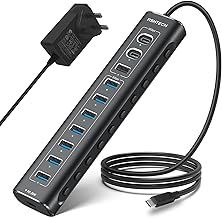 RSHTECH 60W Powered USB 3.2 Hub, 11-Port USBC Hub with 10Gbps Data Port (2C+1A), 7 x USB 3.0 Port and 20W PD, Aluminum USB Splitter with 12V/5A Power Adapter and 3.3ft Long Cable (RSH-A11PD)