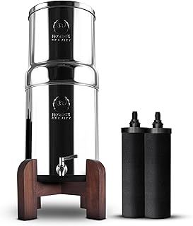 Gravity 6 Litre Gravity Fed Stainless Steel Drinking Water Filter and Purifier with 2 Phoenix Carbon Water Filter Cartridges, Stainless Steel Tap and Water Bottle with Teak Wood Stand