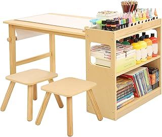 Kids Art Table and 2 Chairs with Roll Paper, Craft Table with Large Storage Shelves, Drawing Desk, Kids Activity Table and Study Table, Activity & Crafts for Children Wooden Furniture