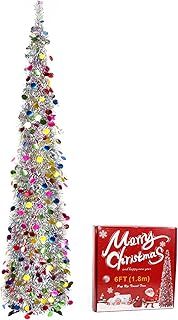 UHAPEER 6FT Collapsible Artificial Christmas Tree 180CM Pop Up Christmas Tinsel Tree Colored Glittering Sparkling Xmas Decoration Tree with Sequin for Christmas Wedding Home Party Decor Supplies