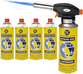 Blow Torch with 4 Butane Gas Bottles - for Camping, Cooking, Kitchen, BBQ, Desserts, Creme Brulee | Refillable Flamethrower Welding Refill Auto Ignition Soldering Weed Burning Blowtorch Lighter