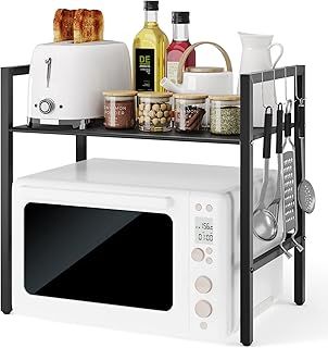 BTGGG Microwave Shelf Stand 2 Tier Metal Microwave Oven Rack Microwave Stand Baker's Rack Kitchen Counter Storage Organiser Space Saver Shelf with 4 Hooks, 44lbs/20kg Load Bearing
