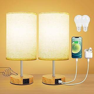 Bedside Lamps Set of 2, Touch Lamps Bedside with USB A+C Charging Ports, 3-Way Dimmable Table Lamp with Linen Fabric Shade, Small Table Lamp for Bedroom Living Room (LED Bulb Included)