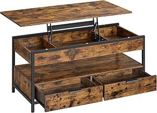 VASAGLE Lift Top Coffee Table, Living Room Table, with Storage Drawers, Hidden Compartments, and Open Shelf, Rustic Brown and Ink Black LCT209K01