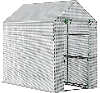 Outsunny Walk-in Greenhouse with 2 Tier 4 Shelves, Small Greenhouse with Reinforced PE Cover, Garden Plant Growhouse with Roll-up Door, 120 x 186 x 190 cm, Green