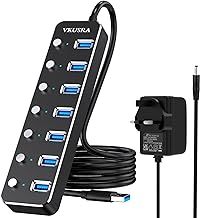 USB 3.0 Hub Powered, VKUSRA Aluminum 7 USB Port SuperSpeed USB Data Hub with 5V3A Power Adapter and Individual On/Off Switch for Surface Pro, Windows, PC Laptop, Desktop, NoteBook and More