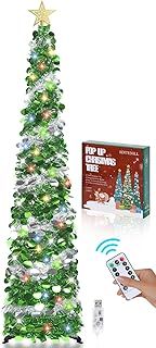 SINTENILL 6 FT Pop Up Christmas Tree with Timer, Colored Lights, Dual Colored Green Silver Tinsel, Pencil Tree Collapsible Xmas Decor for Home, Apartment, Party, Office