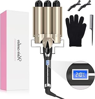 Mermaid Hair Waver 32MM for Loose Beachy Waves, AIMERVO 3 Barrel Curling Iron 1.25", 14 Heat Settings up to 210°C Work on All Hair Types, Tourmaline Ceramic Coating, Heats up in 30S, Long&Medium Hair