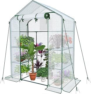 VOUNOT Walk In Greenhouse with Shelves, Roll up Zip Panel Door Garden Plastic Polytunnels Grow House for Outdoor Use, White 143x73x195cm