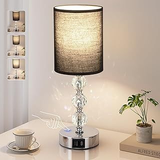 Aooshine Touch Table Lamp, Crystal Black Bedside Lamps with 3 Way Dimmable, Small Black Table Lamp with USB C+A Charging Ports, Bedroom Lamp with Black Fabric Shade for Living Room (LED Bulb Included)