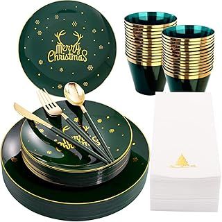175Pcs Resuable Christmas Dinnerware Set, Gold Rimmed Green Plastic Dinnerware - 25 Dinner Plates, 25 Salad Plates, 25 Knives, 25 Forks, 25 Spoons, 25 Napkins for 25 Guests Christmas Party