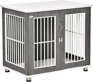 PawHut Dog Crate Wooden Pet Kennel Cage End Table w/Lockable Door for Small Medium Dog Grey & White 85 x 55 x 75 cm