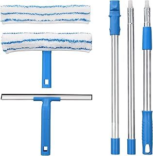 Window Cleaner with Long Handle(57IN), Glass Cleaning Tools with Silicon Squeegee & Microfiber Scrubber, Window Cleaning Kit for Shower Glass Mirror Door Car