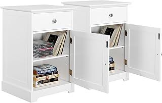 Yaheetech Bedside Tables Set of 2 for Bedroom, Bedside Cabinets with Lid & Drawer, Modern Wood Nightstand Storage Unit with Adjustable Shelf for Living Room Small Spaces Hallway Office, White