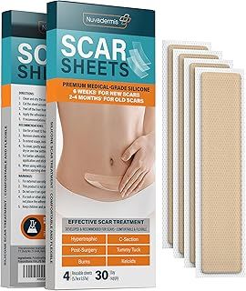 NUVADERMIS Silicone Scar Sheets, Tape, Strips - USA Tested - Healing Keloid, C-Section, Tummy Tuck - As Surgical Cream, Gel, Patch, Bandage, Pad - Surgery Scars Treatment - 4 Pack 14.5 x 4.0 cm