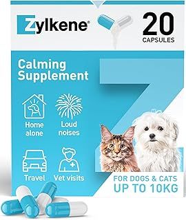 Zylkene Calming Supplements for Cats & Dogs up to 10kg 75mg | Helps Ease Pet Anxiety | Helps Pets cope with Short-Term challenging situations | Easily Administered | 20 Capsules, Packaging May Vary
