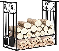 HOMCOM Steel Firewood Log Holder Indoor Outdoor Firewood Rack Fireplace Wood Storage Shelf with 4 Tools, Hooks, Scrolls, Rust-Resistant, Black, 75L x 30W x 60H cm