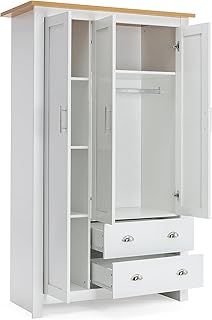 3 Door 2 Drawer Wardrobe For Bedroom MDF With Shelf Hanging Rail Cloth Storage Wooden Wardrobe With Drawer Large Cupboard Bedroom Furniture, White & Oak