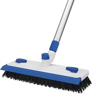 Qaestfy Floor Grout Scrub Brush with Squeegee 3 in 1, 55'' Extendable Long Handle Floor Scrubber Cleaner Brush for Scrubbing Deck, Tile, Garage Floor, Patio, Concrete, Rug, Shower Bathroom