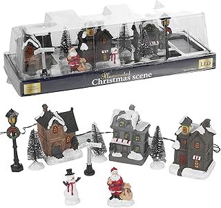URBNLIVING 10 Pcs LED Light Up Christmas Scene Festive Town Village Xmas Decor Illuminated Decoration Set | Requires 2 x AA Batteries | Gift Boxed