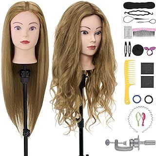 28Inch Hairdressing head 80% Real hair,Mannequin Head with Hair,Doll Head for Hair Styling,Cosmetology Training Styling Head Practice Head with table clamp + Hairdressing Tools Accessories Set(Blonde)