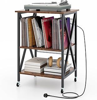 COSTWAY Record Player Stand, Rolling Turntable Stand End Sofa Side Table with Dividers, Shelf and Wheels, Albums Vinyl Record Storage Cabinet for Living Room Bedroom (with Charging Station, Brown)
