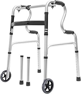 Morimoe Folding Walker with Wheels, Stand Up Walking Frame, Portable, Adjustable Height, Aluminum Alloy