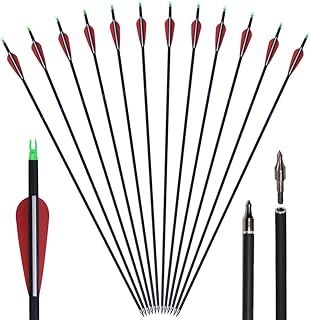 Huntingdoor 12Pcs 30 inch Archery Carbon Arrows Spine 550 Hunting Targeting Arrows with Replaceable Broadhead for Recurve Bow Compound Bow Target Practice