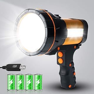 High Powered LED Torch Super Bright Rechargeable Flashlight Large 4 Batteries Big Searchlight Hand held Powerful Spotlight Heavy Duty Strong USB Search Light High Lumens