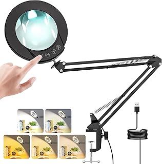 Cadrim LED Magnifying Glass with Light and Stand, 10X Magnifier Desk Lamp, 5 Adjustable Color Modes, Metal Clip, Swing arm, LED Magnifier Lamp for Reading, Repair, Crafts