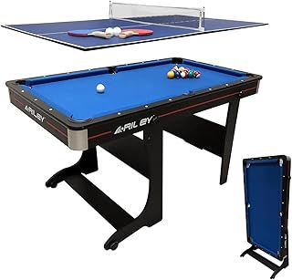 Riley 5ft Folding Pool Table - Supplied with Balls & Cues & Matching Table Tennis Top, Bats, Balls & Net - Vertical Folding Leg System for Easy Storage - Converts into Desk