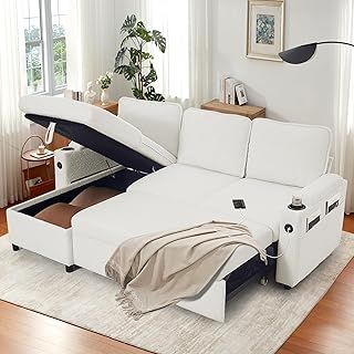 DURASPACE Sofa Bed, Sleeper Sofa Couch with Pullout Bed for Living Room, L Shaped Couch with Storage Chaise, USB, Cup Holder (Blue Linen)