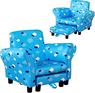 HOMCOM Toddler Chair Children's Armchairs Wood Frame w/Footrest Anti-Slip Legs High Back Arms for Bedroom Playroom Cute Cloud Star Blue
