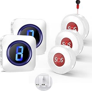 Panic Alarm Button for Elderly, Wireless Caregiver Pager at 1,000ft Range with 3 SOS Call Panic Buttons with Mute Mode 55 Chimes 5 Volumes Levels LED Flash with 2 Plug in Receivers