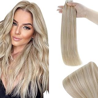 RUNATURE Tape-in Hair Extensions Ash Blonde Highlights Platinum Blonde Tape-in Human Hair Extensions 12 Inch 30 Gram