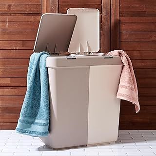 80L Double Laundry Basket with Lid, 2 Compartments to Sort Washing Multipurpose Plastic Laundry Hamper with Push Button Lid Washing Basket Laundry Hamper Laundry Bin (Beige-Cream)