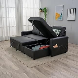 Panana L Shaped Corner Sofa Bed, 3 Seater Pull Out Sofa Bed Sleeper with Hidden Storage and Reversible Chaise, Black Faux Leather