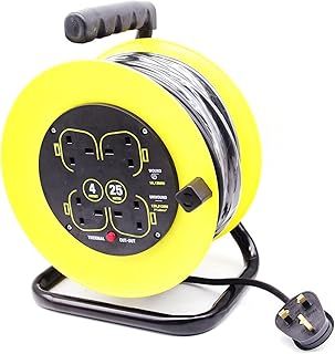 25 Metres Four Socket Open Cable Reel Extension Lead Garden Outdoor with Winding Handle 13A 4 Socket Thermal Out and Power Switch High Visibility Cable