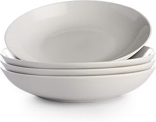 White Pasta Bowls - Set of 4 | Porcelain Serving Dishes | Soup & Cereal Bowl Set | Stackable Bowls | Dishwasher, Oven & Freezer Safe Dinnerware | M&W
