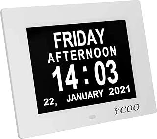 YCOO Dementia Clocks, Day Date Digital Clock with Sun/Moon Icons, Large Clear Digital Display, Auto DST, 7 Display Modes, Wired Power Supply Clock(7 Inch White)