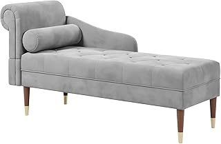 Vesgantti Velvet Chaise Longue, Indoor Lounge Sofa with Left Armrest and Lumbar Pillow, Upholstered Chaise Lounge for Living Room Bedroom and Office, Tool-free Assembly(Grey)