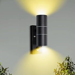 Outdoor Wall Lights Mains Powered PIR Motion Sensor Up Down Outside Lights IP44 Black for Patio Front Door Porch, Incl. 2X 5W LED GU10 Bulbs Warm White