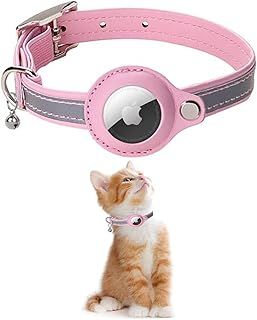 KOLACEN Reflective Leather AirTag Cat Collar, GPS Cat Collar with AirTag Adjustable Holder and Bell Compatible with Apple AirTag, Anti-Lost Cat Tracker Collar for Cats Kittens and Small Dogs (Pink)