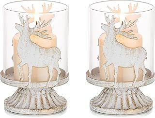 Romadedi Christmas Pillar Candle Holder: Set of 2 Table Decorations Centrepiece Ornaments Vintage Deer Stag Reindeer Decor for xmas Home Fireplace Dinner Advent Gifts Kitchen Shelf Room
