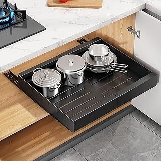 SAYZH Pull Out Cabinet Organiser, Extendable Pull Out Storage, Adjustable Slide Out Drawer Storage Shelves for Kitchen Cupboard with Adhesive Film (43Depth x 30-50Width x 6Height CM)