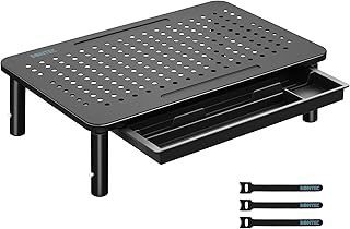 Monitor Stand with Drawer, 3 Height Adjustable PC Monitor Riser for Desk with Mesh Platform for Laptop, Computer, iMac, PC, Printer up to 20KG, Cable Ties Included