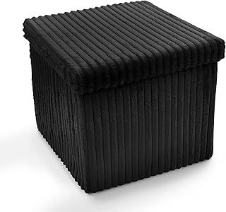 Large Ottoman Foldaway Storage Blanket Toy Box Bench Corduroy Pouffe Footstool Ottoman (Black, 38cm x 38cm)