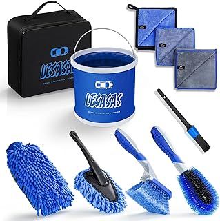 Car Cleaning Kit with Storage Bag, 9L Foldable Bucket, Detailing Brush Set 9 Pcs, 27cm Short Handle Wheel Brush, Microfiber Wash Mitt, Drying Towel for Dust Remove and Dirty Rim Washing, Blue